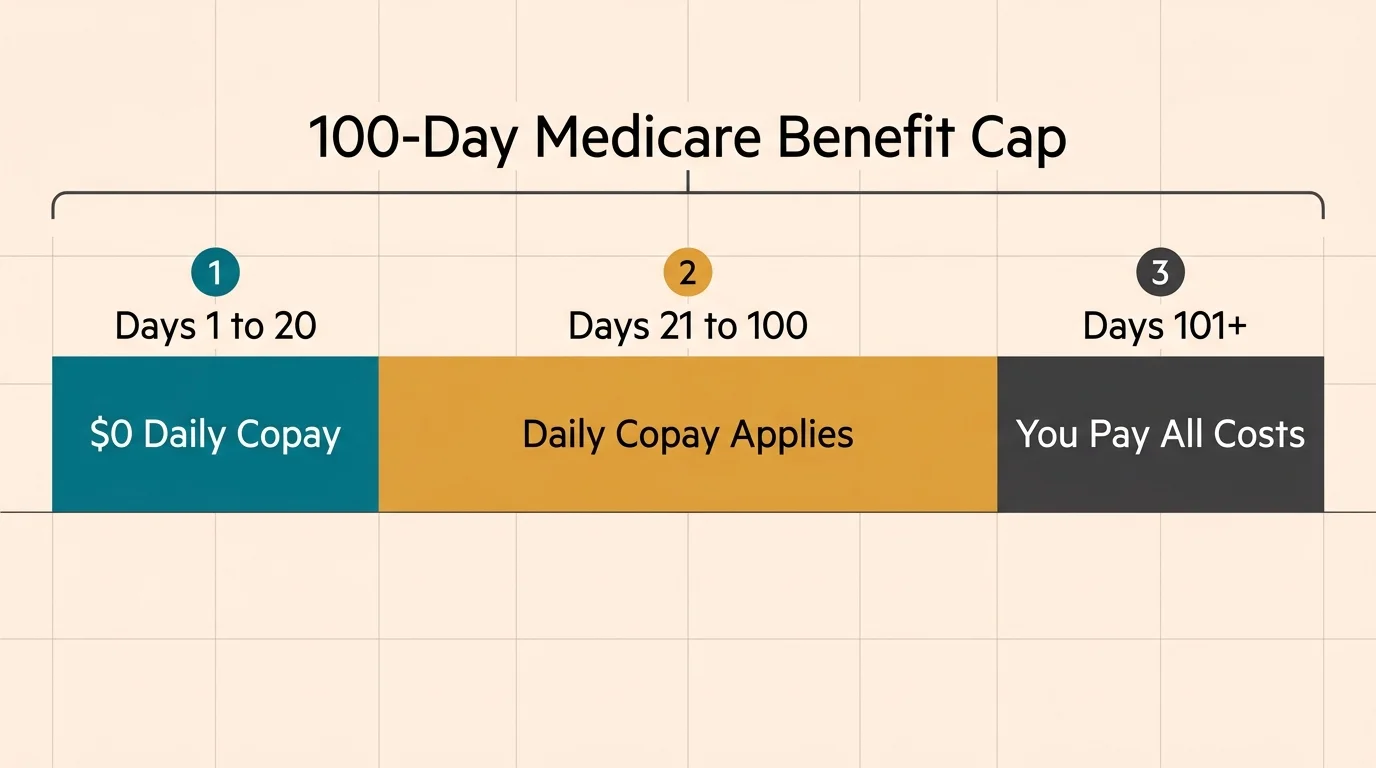 A segmented bar chart diagram illustrating the cost-sharing structure across the 100-day Medicare benefit cap.