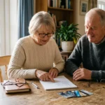 A senior couple sits at a sunlit wooden table reviewing their credit card benefits over morning coffee.