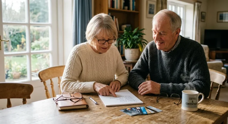 A senior couple sits at a sunlit wooden table reviewing their credit card benefits over morning coffee.