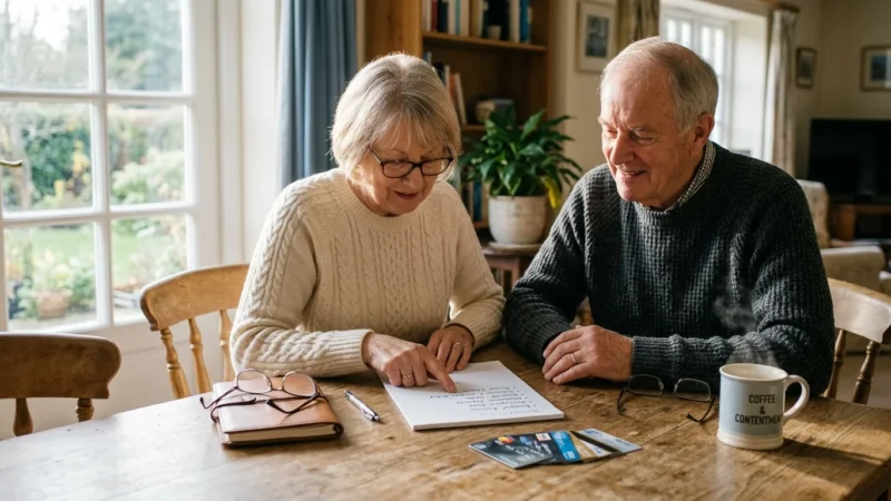 A senior couple sits at a sunlit wooden table reviewing their credit card benefits over morning coffee.
