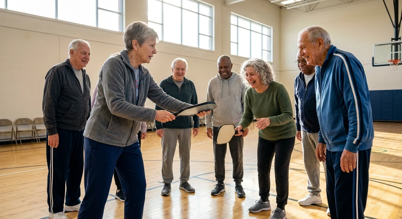A senior fitness instructor happily demonstrates a pickleball technique to a group of older adults on an indoor gym court.
