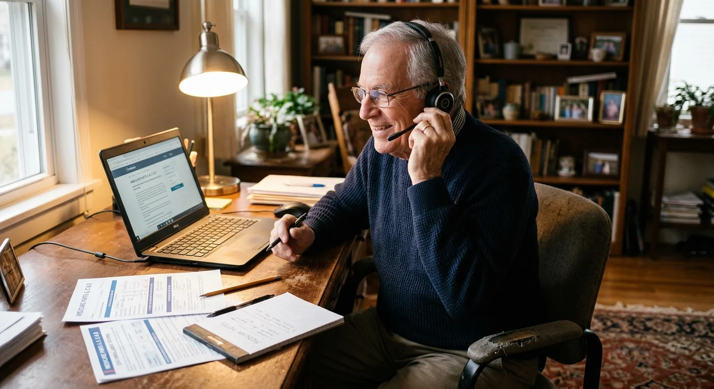 A senior man in his home office talking on a headset while reviewing Medicare charts on a laptop.
