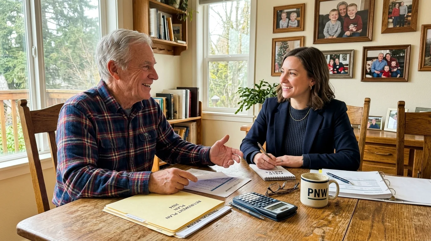 A senior man sitting at his dining room table, casually discussing craft business finances and tax folders with a trusted advisor.