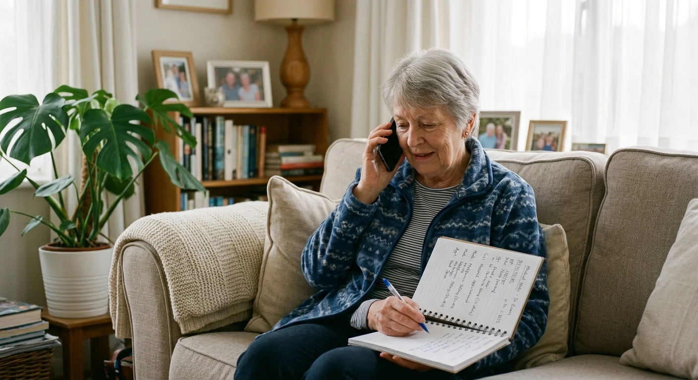 A senior woman sitting on her living room sofa, taking notes while discussing healthcare plans on the phone.