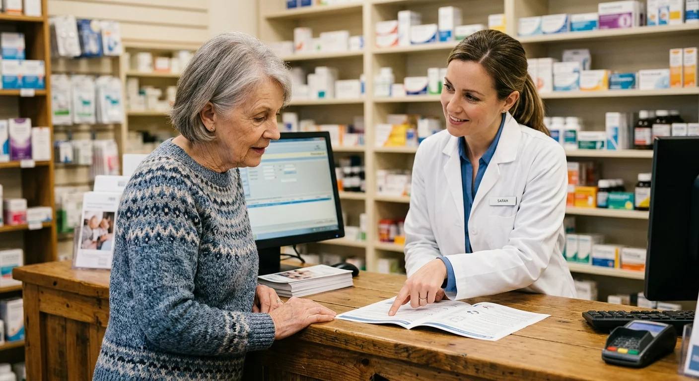 A senior woman talks with a pharmacist behind a wooden counter in a softly lit pharmacy, discussing drug plan choices.