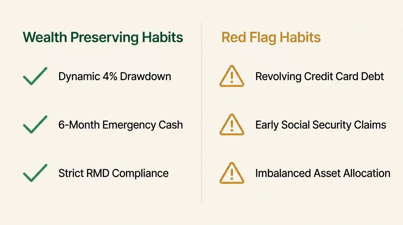 A side-by-side comparative infographic listing wealth-preserving habits versus financial red flag habits in retirement.