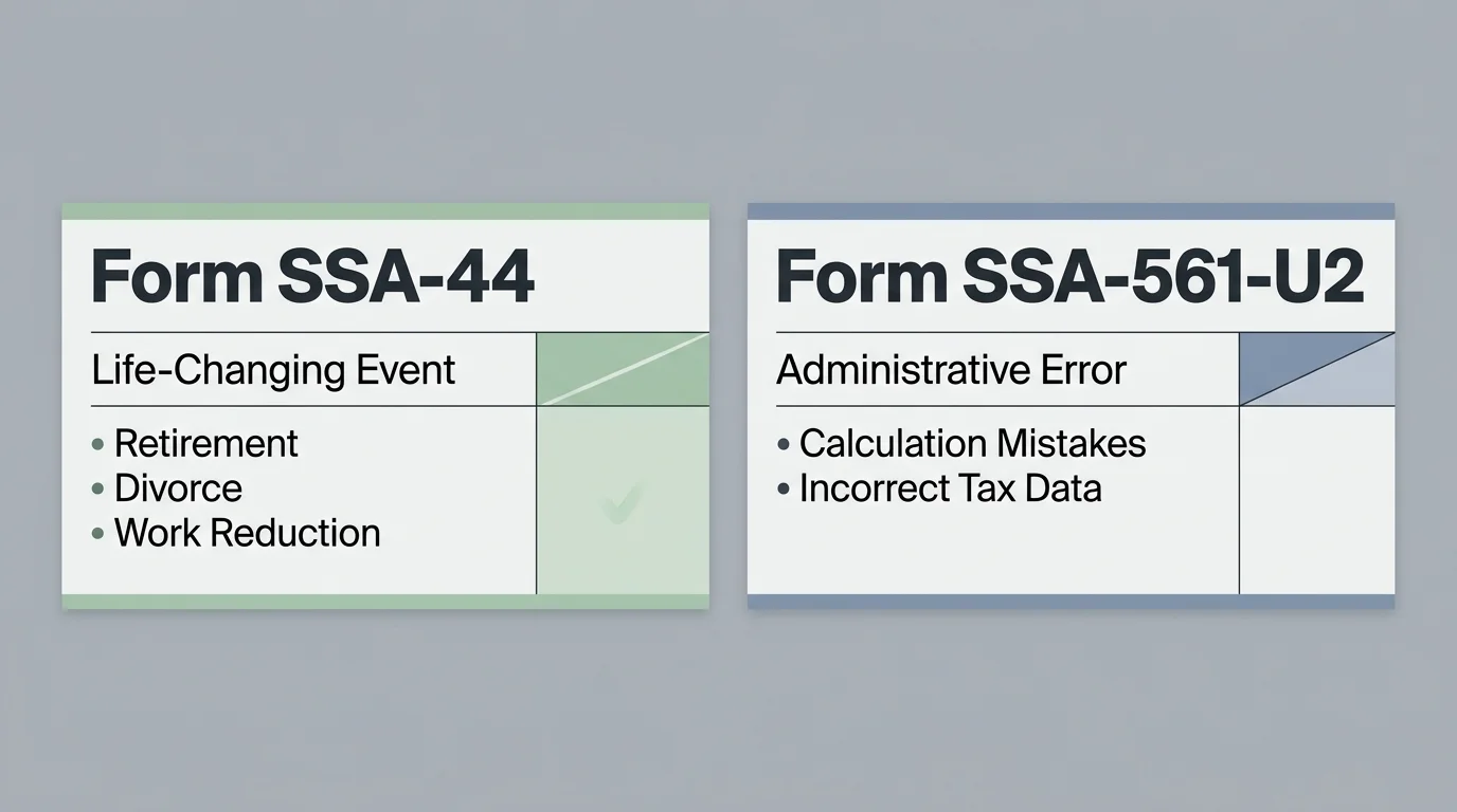 A side-by-side comparison diagram showing Form SSA-44 for life-changing events and Form SSA-561-U2 for administrative errors.