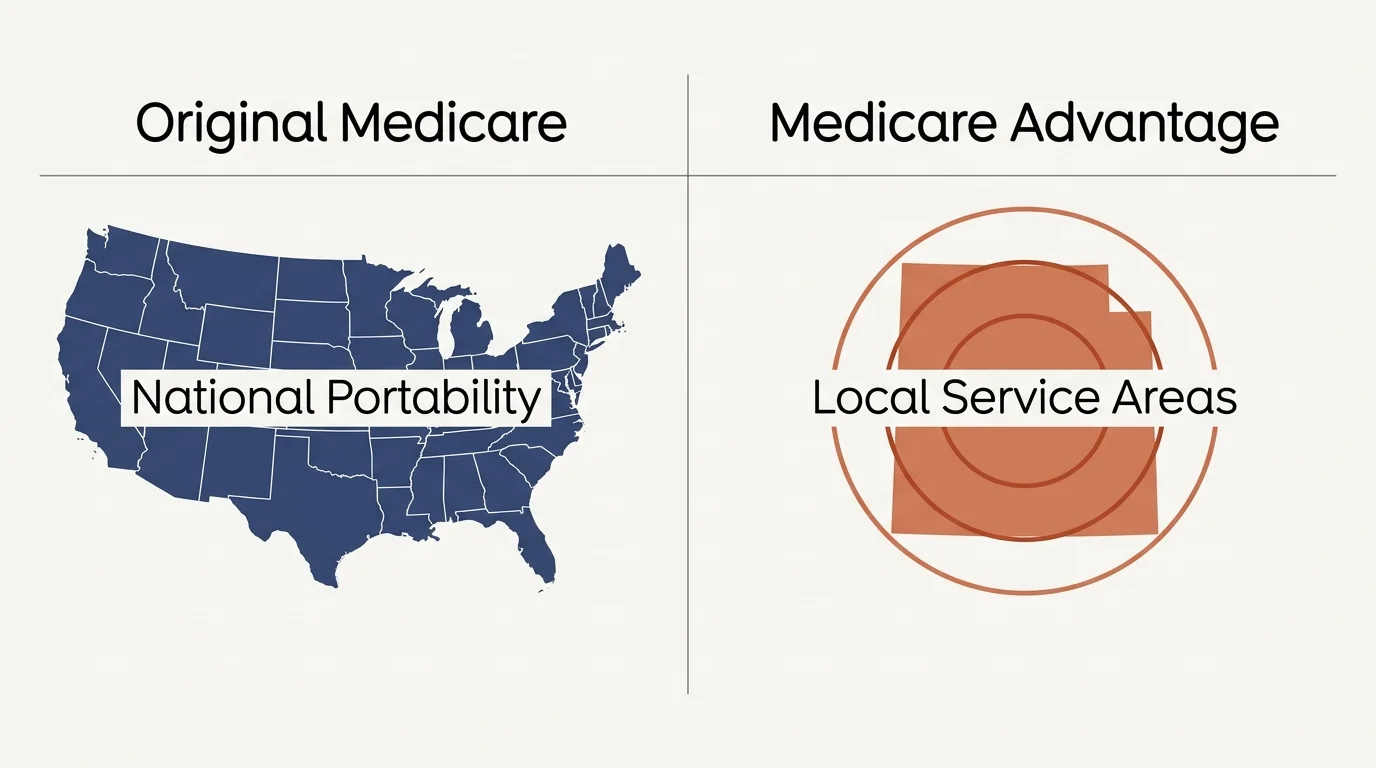 A side-by-side diagram comparing Original Medicare's national coverage map to Medicare Advantage's restricted local county network.
