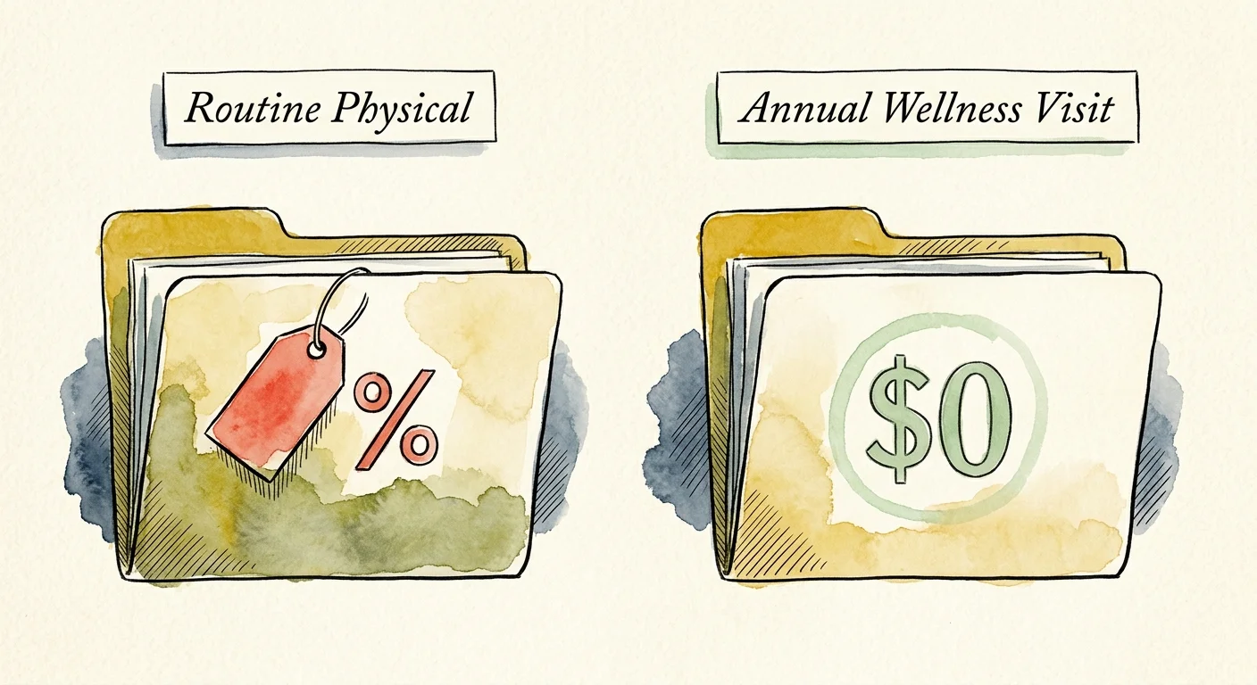 A side-by-side watercolor comparison contrasting the costly 'Routine Physical' with the '$0' Medicare 'Annual Wellness Visit'.