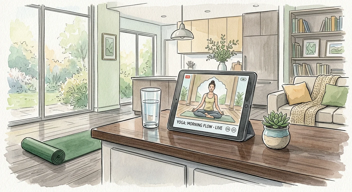 A soft watercolor illustration of a home interior with a tablet displaying a yoga class, representing wellness subsidies.