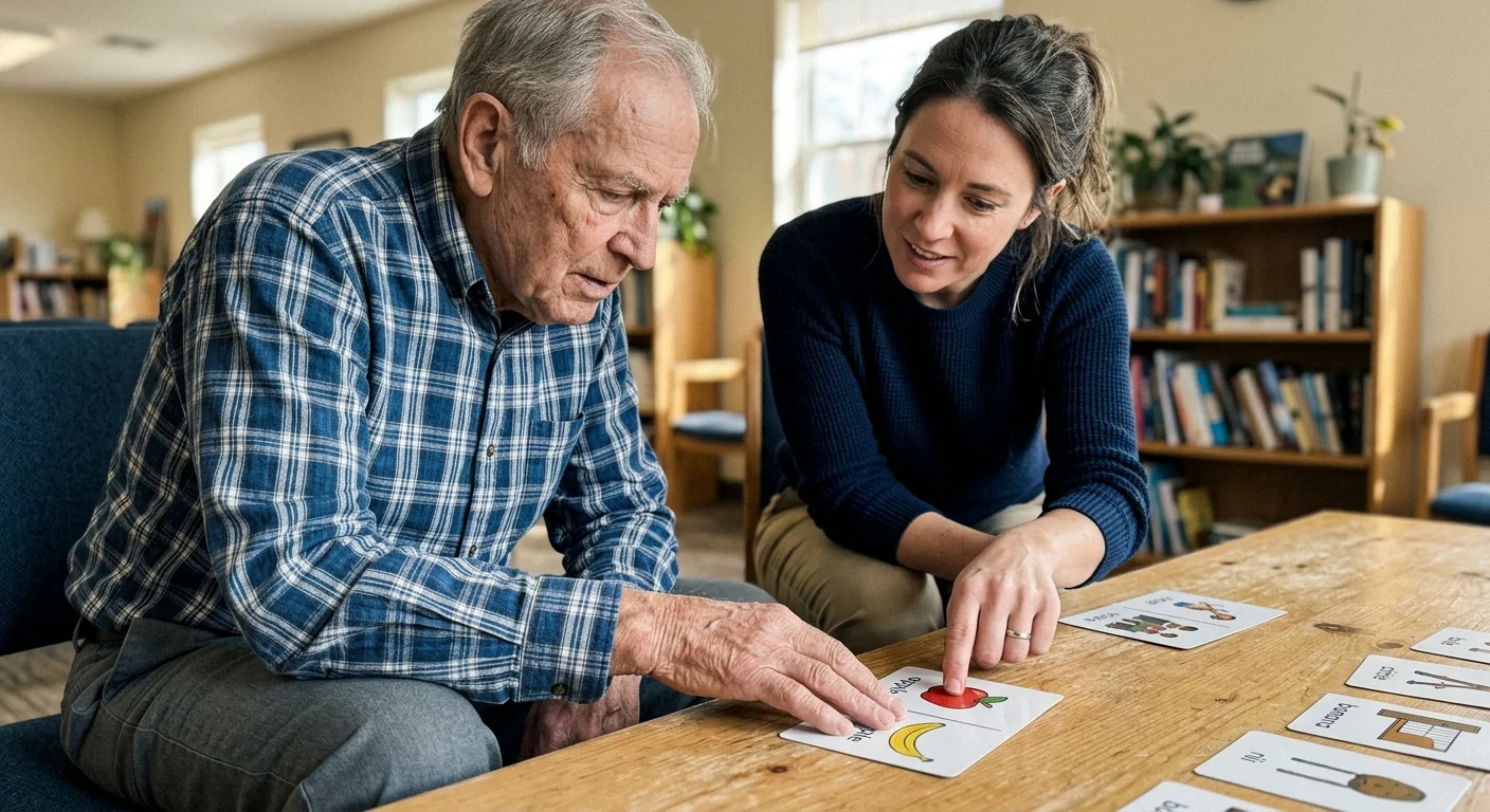 A speech therapist helps an elderly man with cognitive exercises at a wooden table in a warm, natural light setting.
