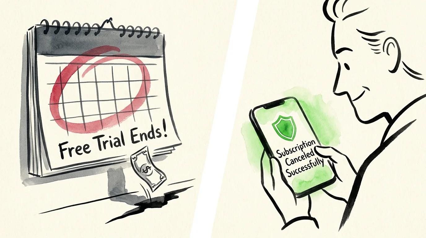 A split-screen illustration showing a forgotten free trial expiration on the left and a successful cancellation on the right.
