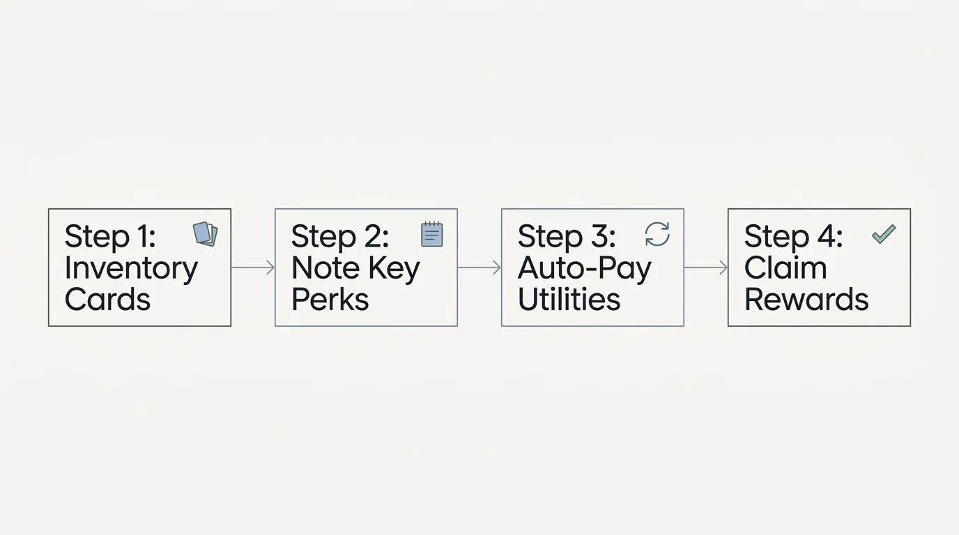 A step-by-step horizontal flowchart demonstrating how to inventory, register, and claim your card rewards.