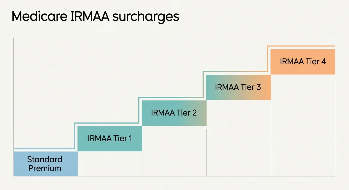 A step-ladder bar diagram showing how premiums increase through progressive IRMAA income tiers.