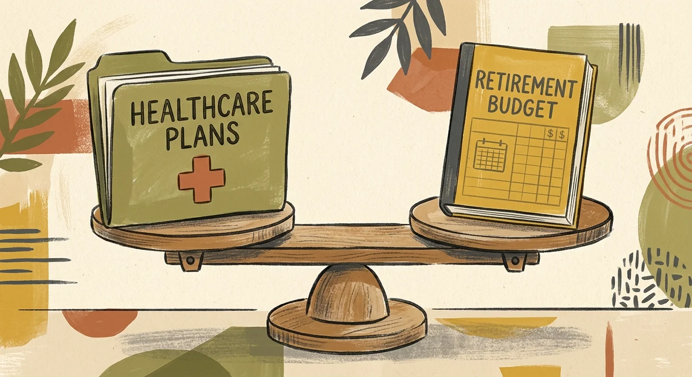 A stylized gouache illustration of a balance scale holding a healthcare folder and a retirement budget book.
