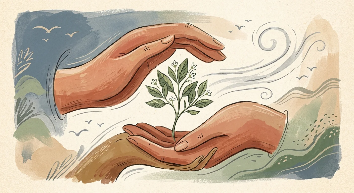 A stylized gouache illustration of hands cradling a green plant, symbolizing care aimed at maintaining health.
