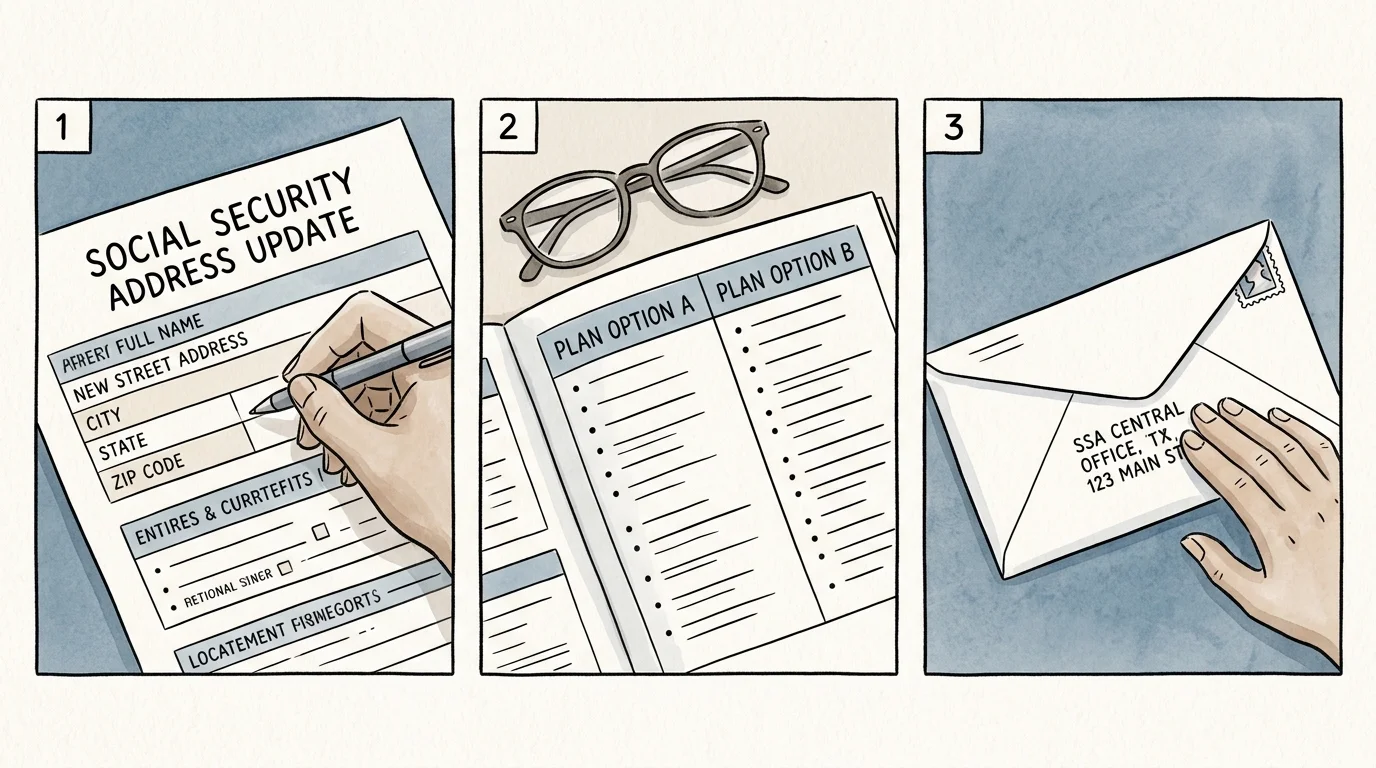 A three-panel watercolor illustration showing address updating, plan comparison, and mailing a new enrollment envelope.