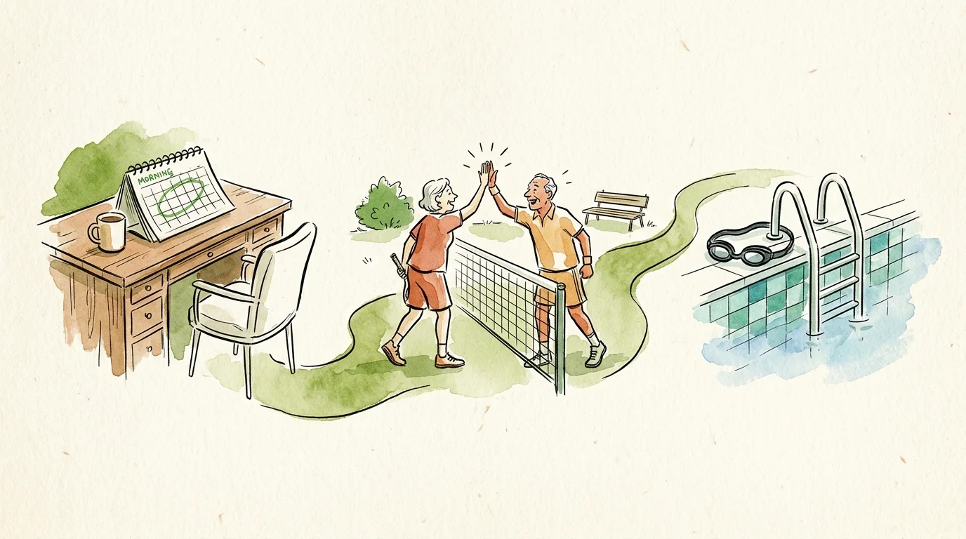 A three-part watercolor illustration showcasing the benefits of retirement jobs: flexible calendars, social connections, and facility perks.