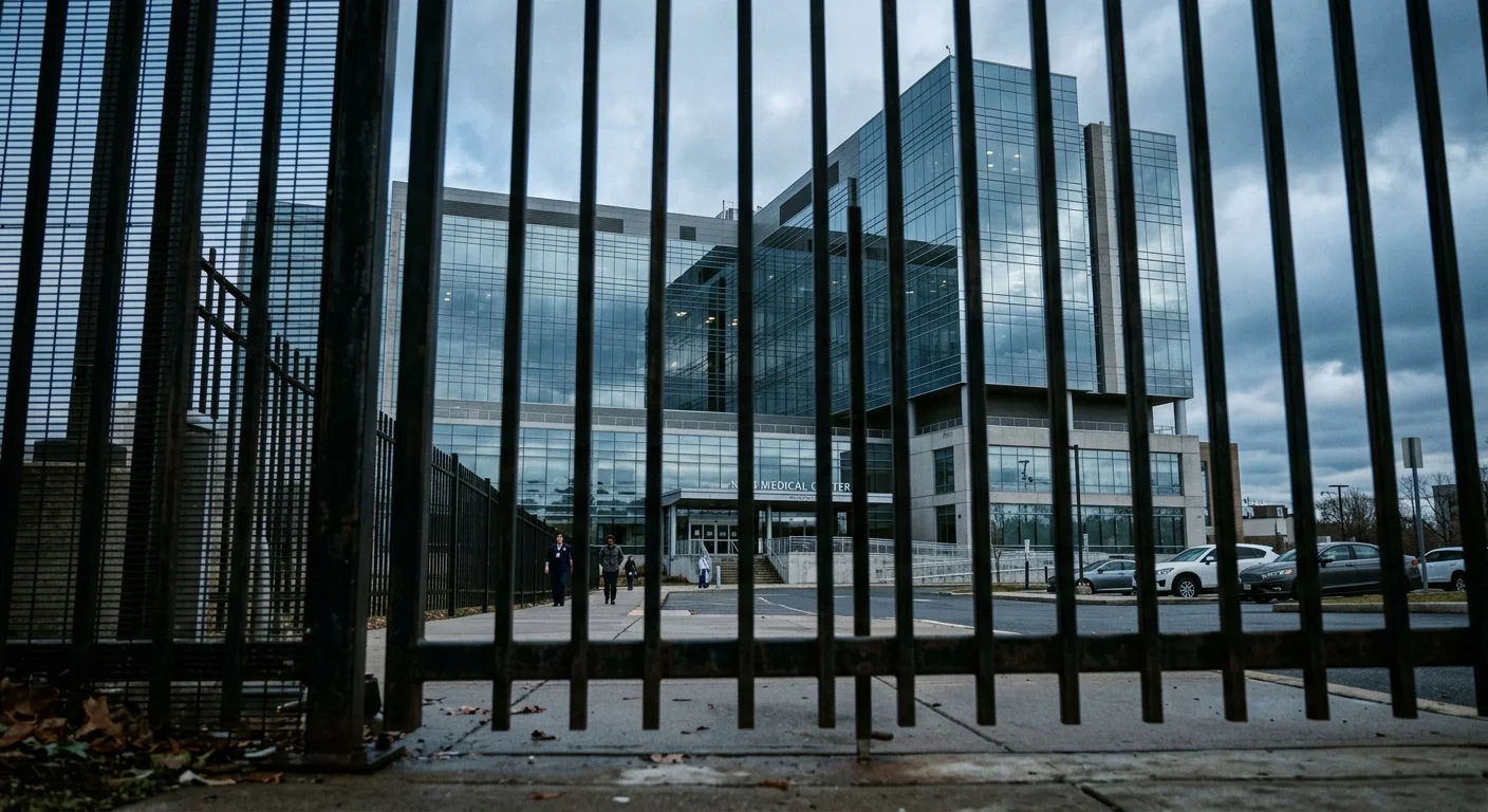 A view of a modern glass academic medical center seen through a dark metal security fence, symbolizing exclusion.