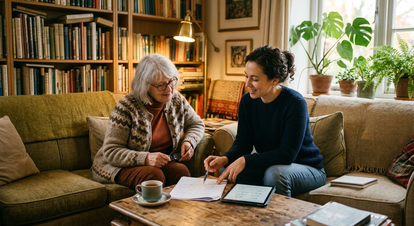 A warm, candid photograph of an older woman consulting a friendly advisor in a cozy home setting.