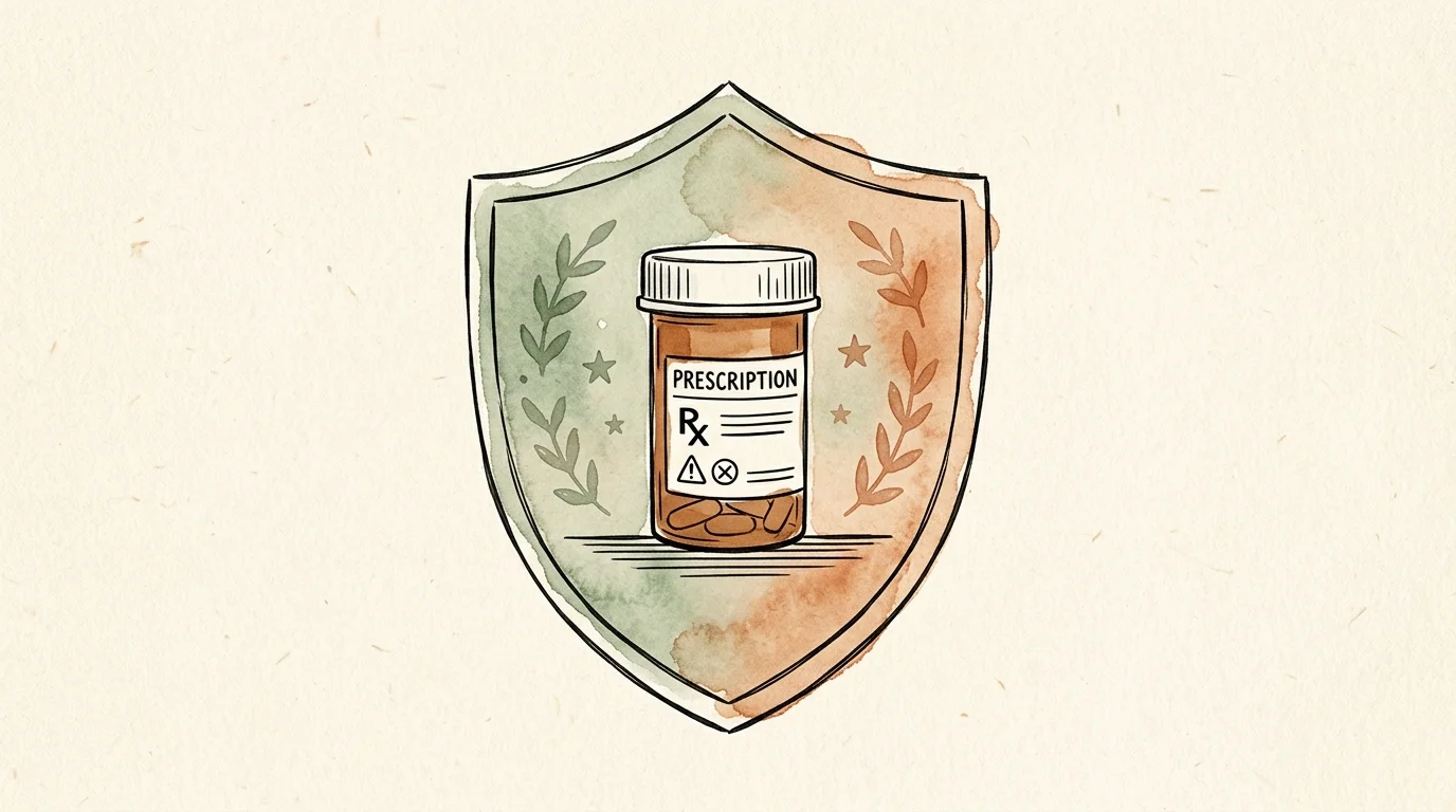 A warm ink and watercolor illustration of a shield protecting a medicine vial, representing federal healthcare safeguards.