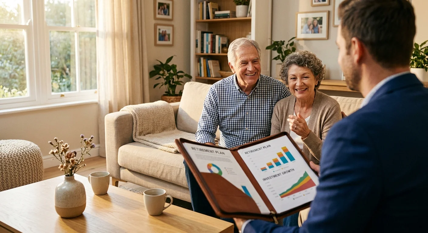 A warm, natural photo of a retired couple smiling as they review financial plans with an advisor in their living room.