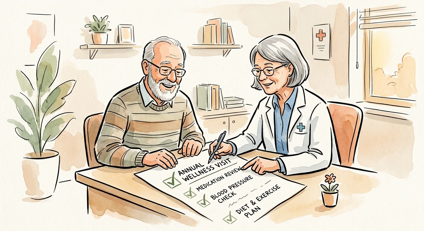 A watercolor illustration of a doctor and an older patient collaboratively reviewing a preventive healthcare checklist.