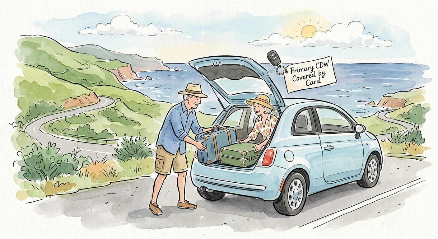 A watercolor illustration of a retired couple loading a rental car at a scenic ocean overlook, symbolizing travel protection.