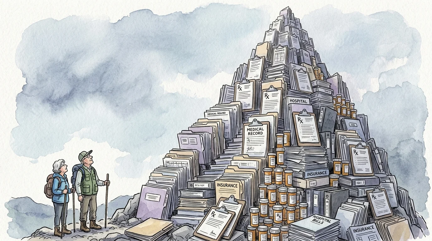 A watercolor illustration of a retired couple looking up at a towering mountain made of medical files and clipboards.