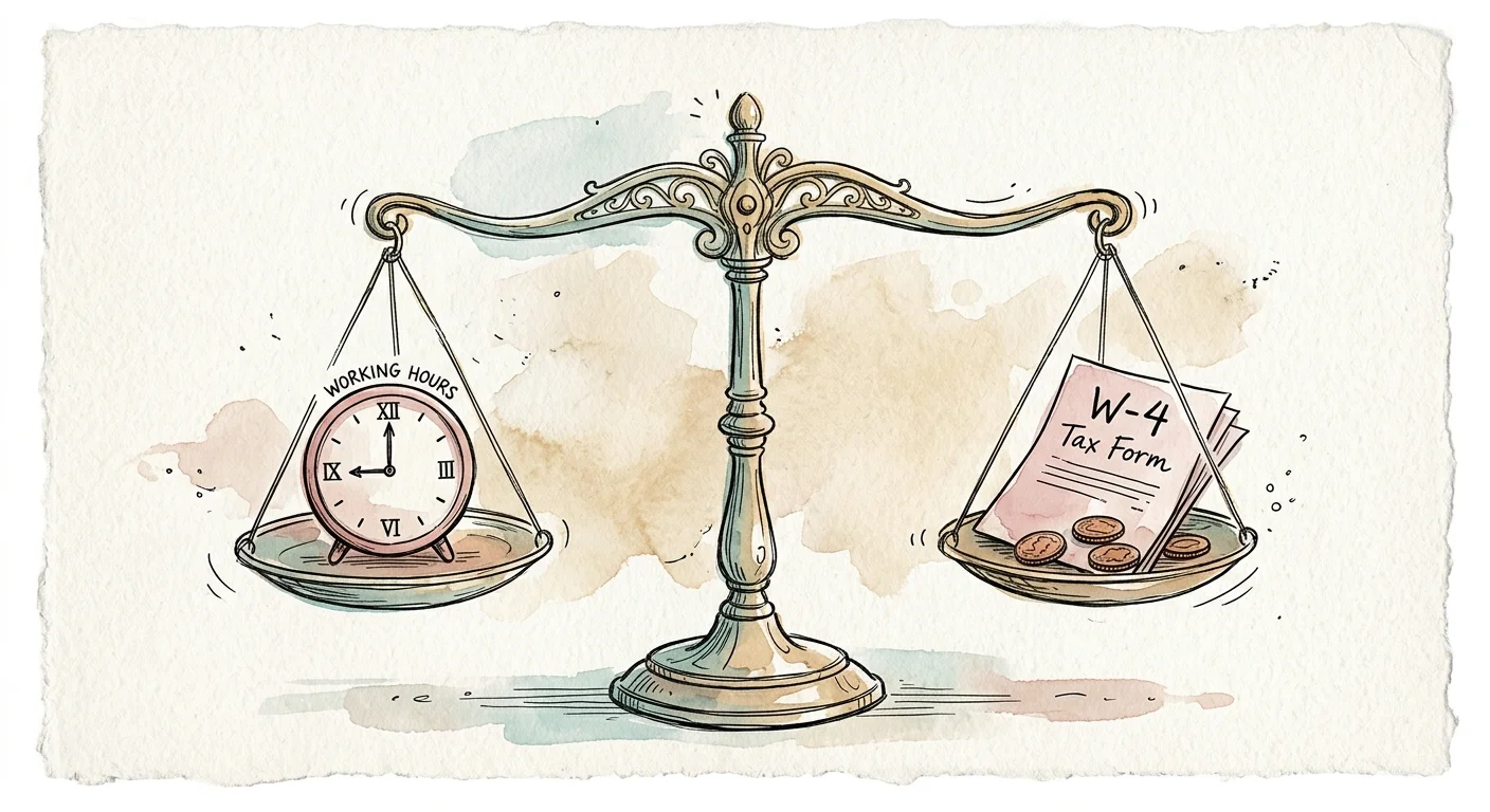 A watercolor illustration of a scale balancing a clock and a tax form, symbolizing the balance between part-time hours and tax planning.