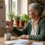 A woman in her mid-60s sits at a sunlit wooden kitchen table, circling a date on a paper wall calendar.
