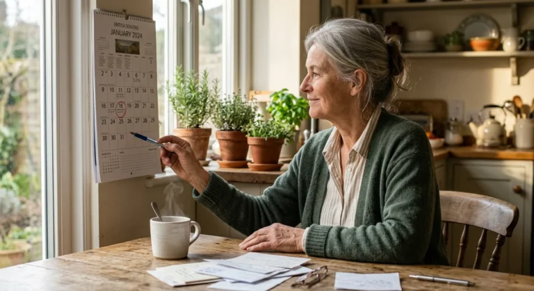 A woman in her mid-60s sits at a sunlit wooden kitchen table, circling a date on a paper wall calendar.