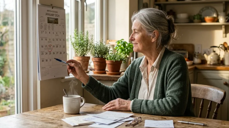 A woman in her mid-60s sits at a sunlit wooden kitchen table, circling a date on a paper wall calendar.