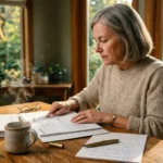 A woman reviews a retirement planning calendar and binder at a sunlit wooden table near a window.