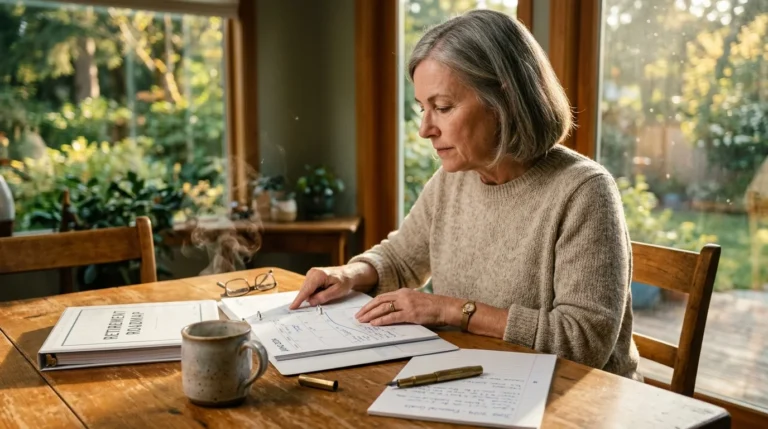 A woman reviews a retirement planning calendar and binder at a sunlit wooden table near a window.