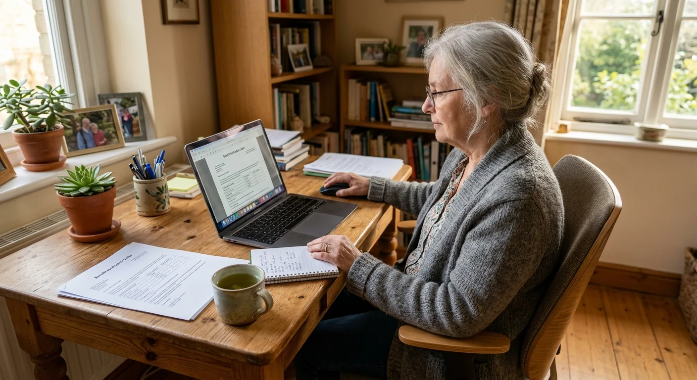 A woman reviews her Benefit Verification Letter on her laptop at her home office desk.