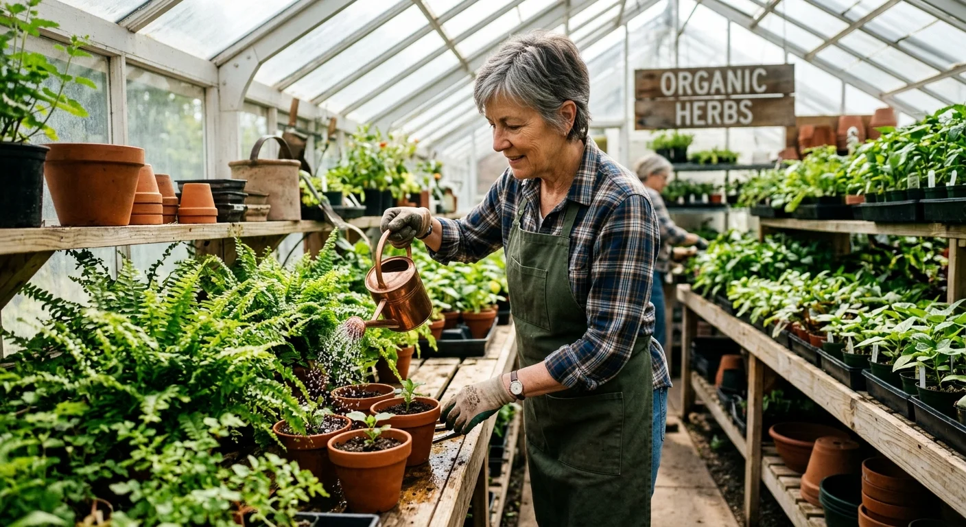An active retired woman working part-time at a plant nursery, watering green ferns in a bright greenhouse.