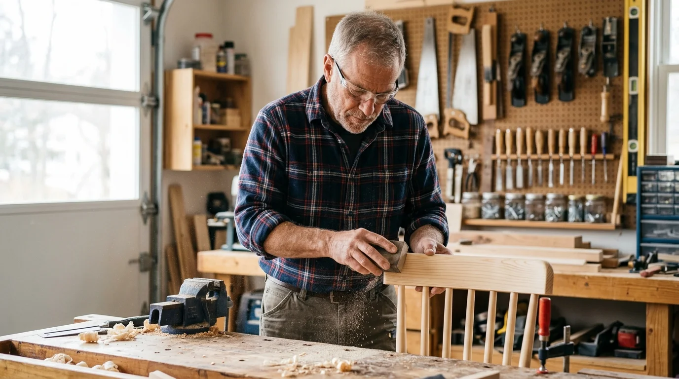 An active senior man working on a carpentry project in his well-lit garage workshop.