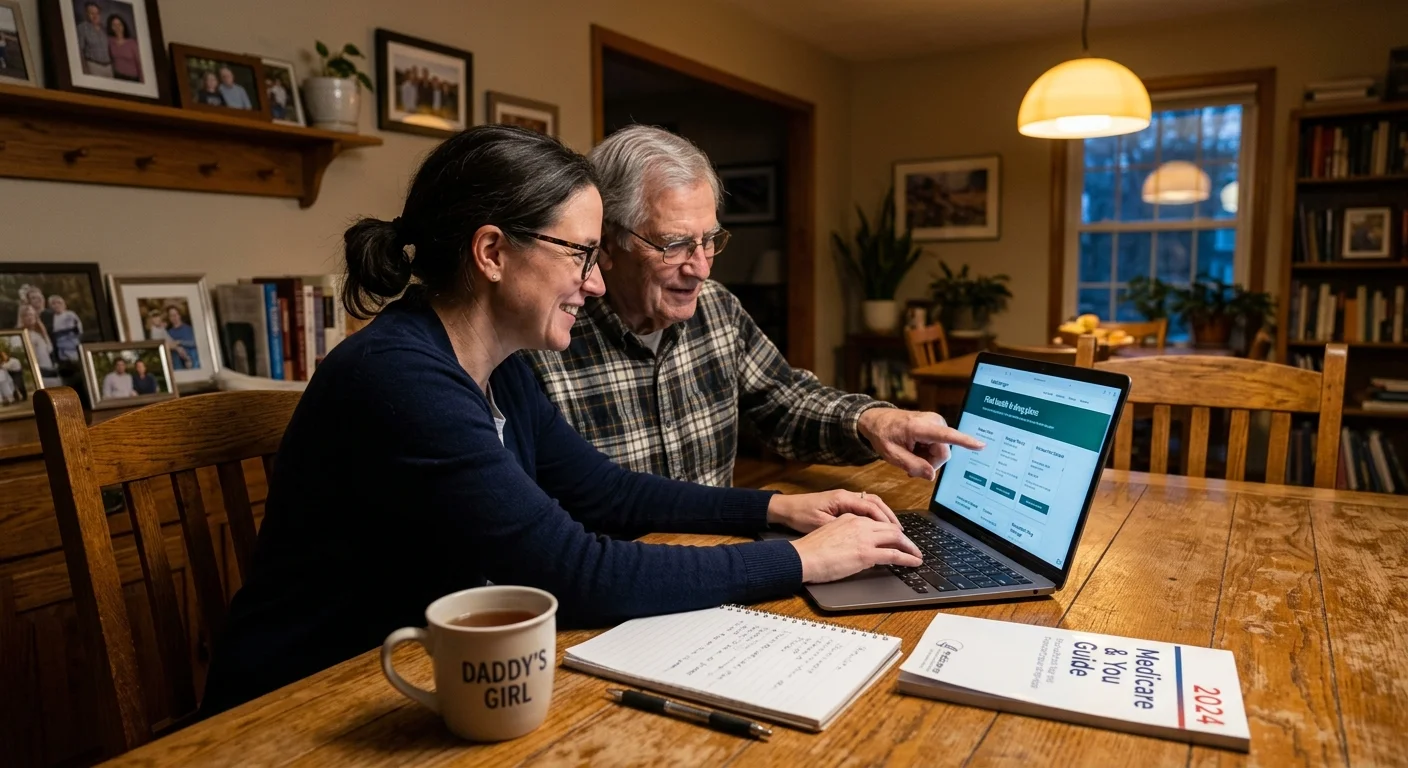 An adult daughter and her elderly father look at a laptop screen together at a dining table, reviewing Medicare options.