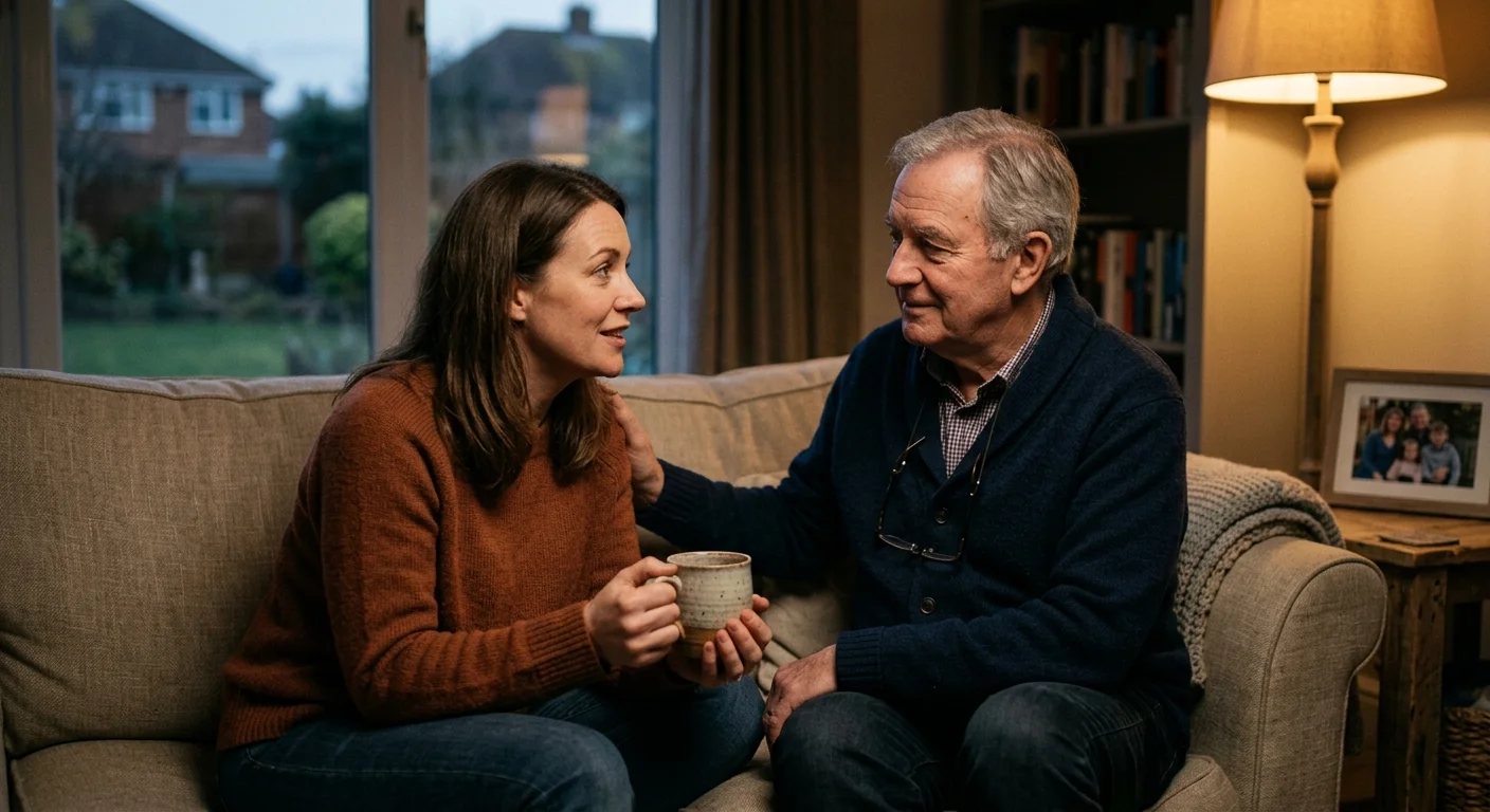 An adult daughter and her father sit closely on a sofa, sharing a warm and constructive conversation over tea.