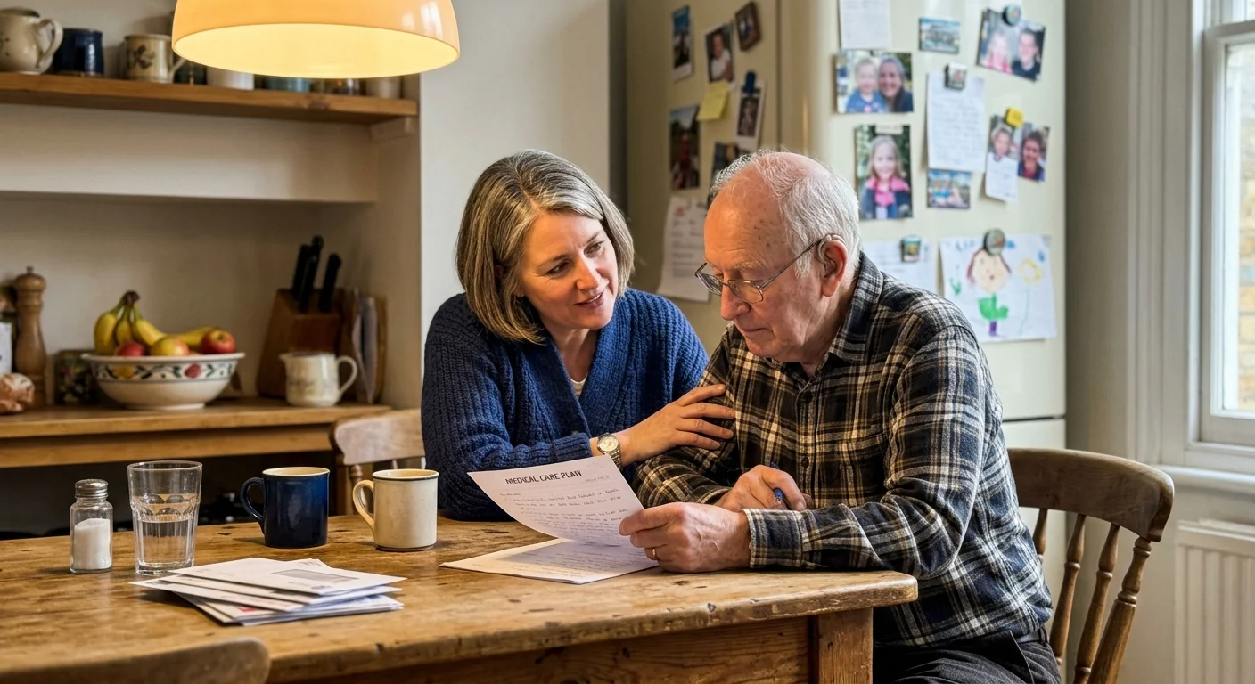 An adult daughter sits at a kitchen table helping her elderly father review family paperwork in a warm, comforting home setting.