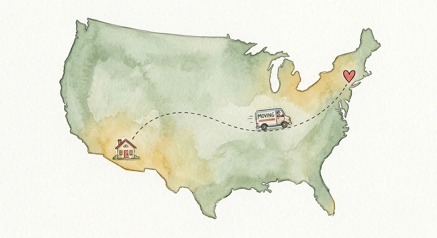 An artistic watercolor map of the US showing a small moving truck traveling along a dashed line to a new home.