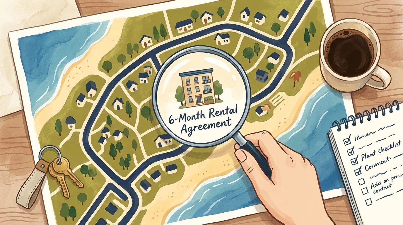 An editorial gouache illustration of a magnifying glass highlighting a 6-month rental agreement on a neighborhood map.