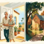 An editorial gouache illustration of a retired couple looking back at their old home's shadow from their new sunny house.