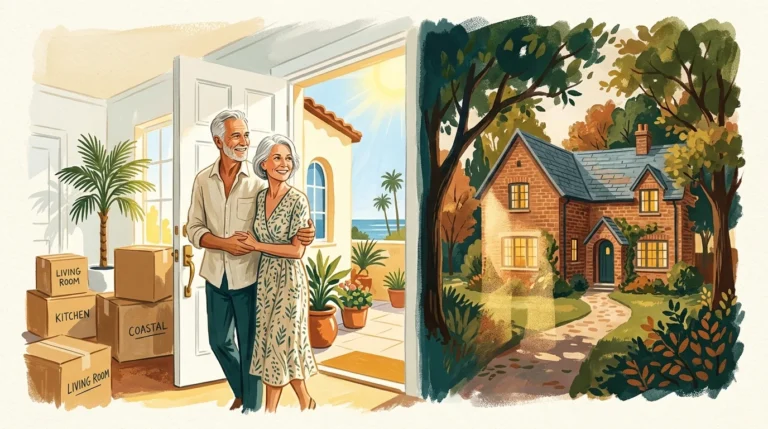 An editorial gouache illustration of a retired couple looking back at their old home's shadow from their new sunny house.