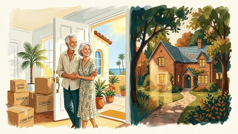 An editorial gouache illustration of a retired couple looking back at their old home's shadow from their new sunny house.