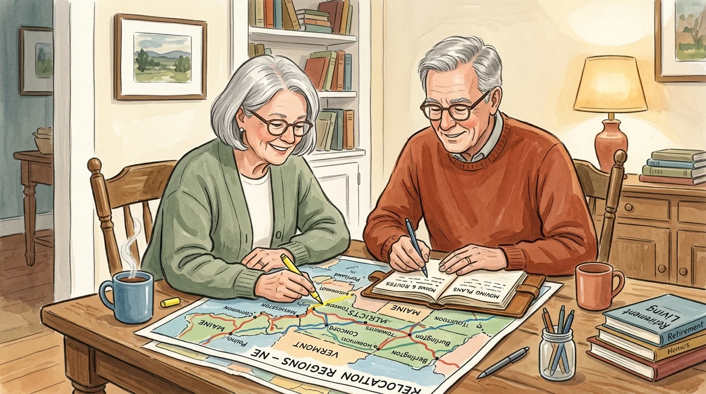 An editorial gouache illustration of an older couple studying a regional map together at their dining table.