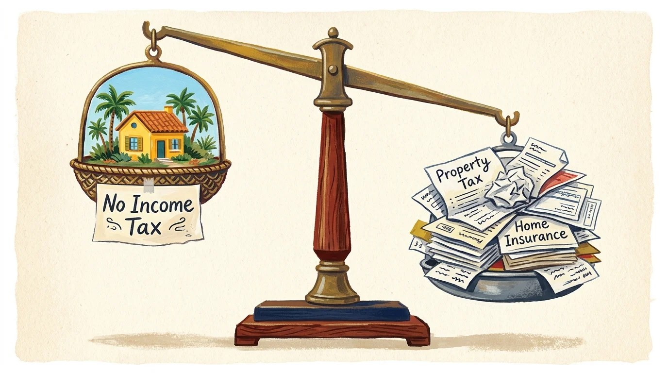 An editorial gouache illustration showing a balance scale tipped by heavy property taxes and insurance bills.