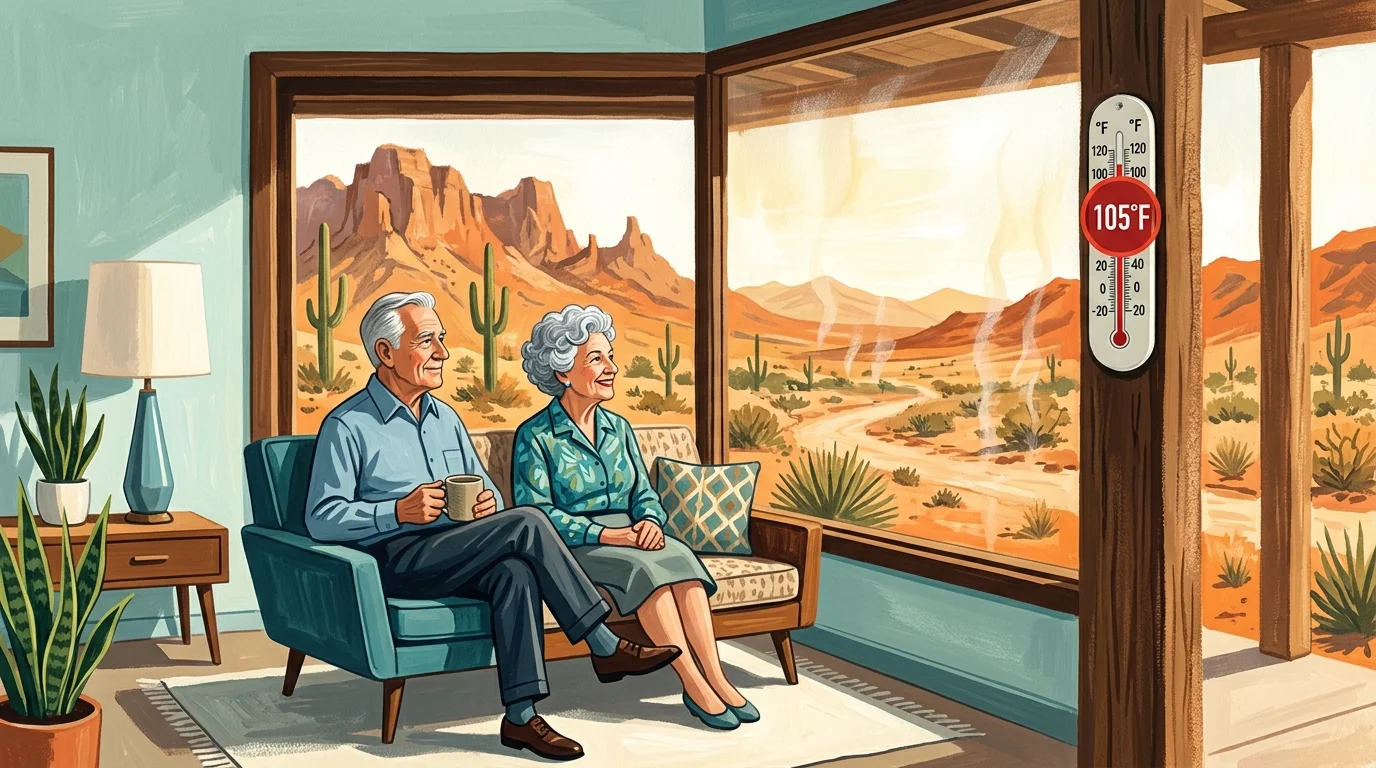 An editorial illustration of a couple looking out their window at a desert yard with a thermometer reading 105 degrees.