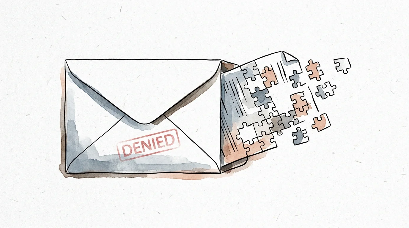 An editorial illustration of a document envelope with a denied stamp and missing puzzle pieces.